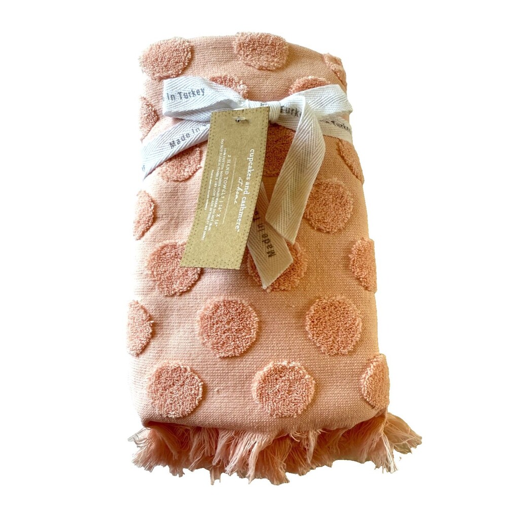 cupcakes and cashmere Hand Towels Raised Polka Dot Pink Sherbert Set of 2 Fringe